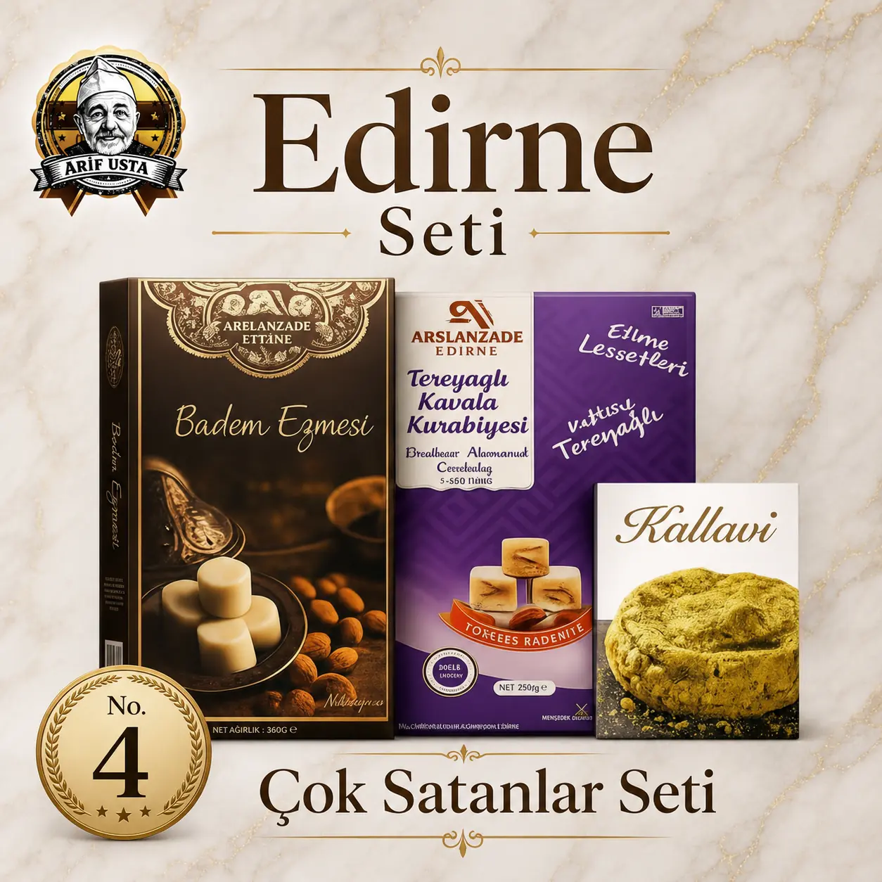 Edirne Seti – Badem Ezmesi 250g, Tereyağlı Kavala Kurabiyesi 250g, Kallavi 100g